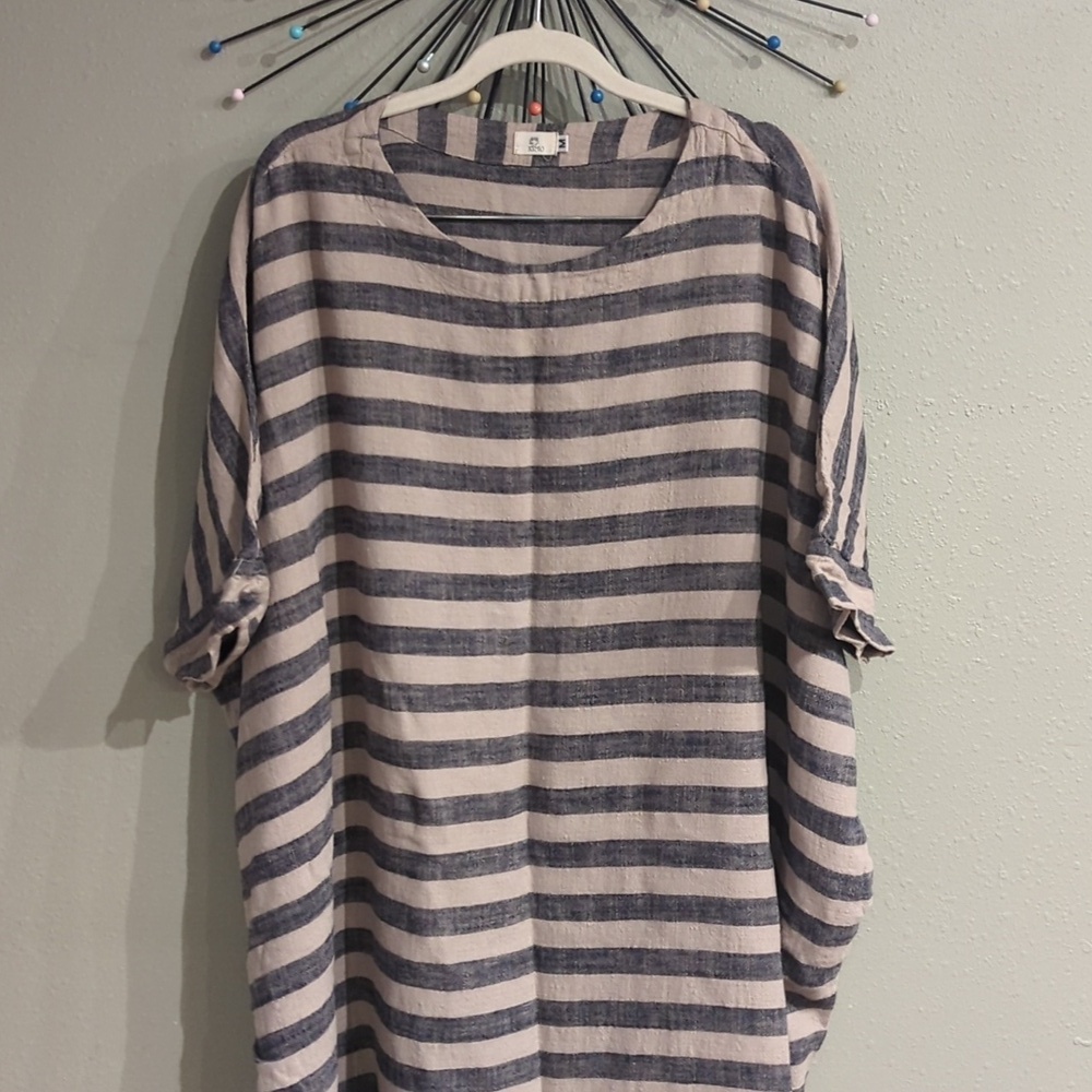 Coastal Oversized Linen Sack Dress Striped Nautical Breathable Lagenlook Ximo